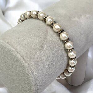 Vintage Napier Signed Round Faux Pearl & Silver Spacer Beaded Tennis Bracelet 7"